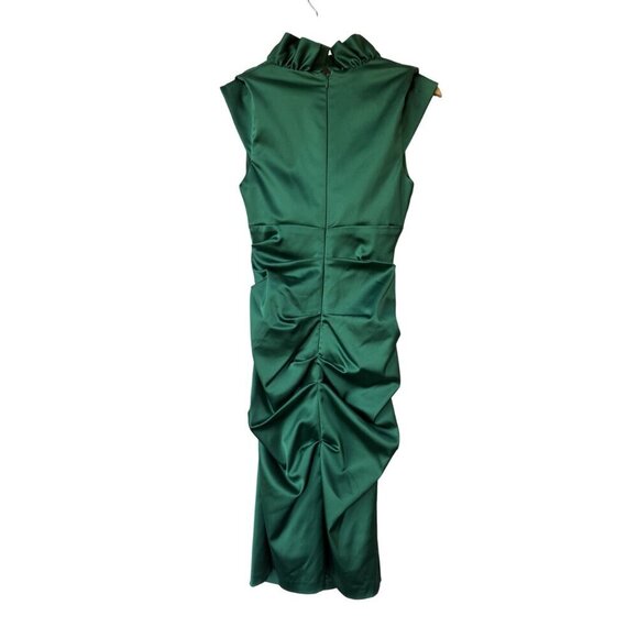 Xscape Holiday Dress Sz 4 Satin Kelly Green Sheath Ruffle Ruched Cocktail - Picture 5 of 9
